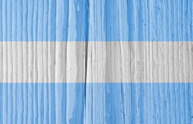 Arjantin bayrağı kuru ahşap yüzeyde, yaşla çatlamış. Açık soluk soluk boya. Arkaplan, duvar kağıdı ya da Arjantin ulusal sembollü arka plan. Eski tahta. Gölgeli sert güneş ışığı