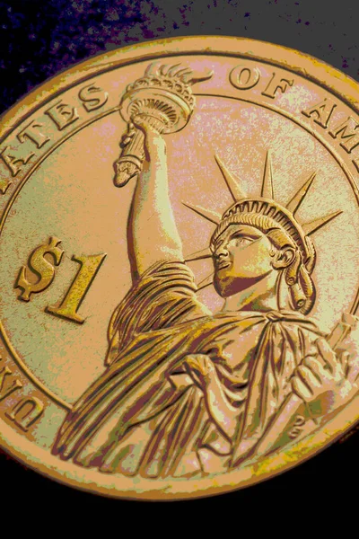 一美元硬币的特写 关于美国经济 货币和金融的生动的金色垂直插图 关于经济援助一揽子计划和经济刺激的黑暗的表达镜头 巴氏杀菌大佬 — 图库照片