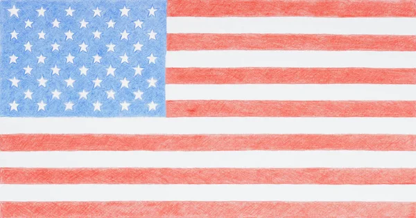 Amerikan Ulusal Bayrağı Beyaz Kağıda Renkli Kalemlerle Çizilmiş Hafif Vatansever — Stok fotoğraf