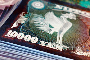 10,000 yenlik Japon banknotları. Phoenix kuşunun yakın planıyla banknotun tersi. Para, bankacılık ve Japonya ekonomisi hakkında ters ifadeli kötü bir illüstrasyon. Makro