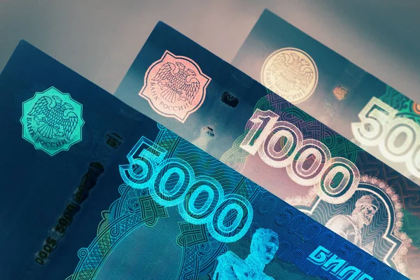 Rus Banknotları 5000 1000 500 Ruble Yakın Plan Rusya Nın — Stok fotoğraf