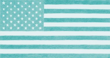 Amerikan bayrağı. Açık turkuaz renkli arka plan. Vatansever fon. Aquamarine Yıldızları ve Çizgileri. Amerikan Bağımsızlık Günü. 4 Temmuz ve Bayrak Bayramı