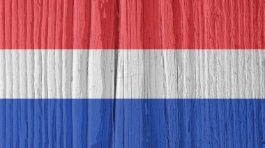 Hollanda bayrağı kuru ahşap yüzeyde, yaşla çatlamış. Arkaplan, duvar kağıdı ya da Hollanda ulusal sembollü arka plan. Eski tahta. Gölgeli sert güneş ışığı