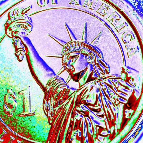 美国1美元硬币接近 生动而吸引人的自由女神像的印刷品 关于美国货币 金融和债券市场的生动的正方形说明 独立日7月4日庆祝活动 — 图库照片