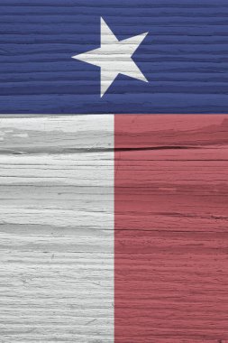 Texas state flag on dry wooden surface with pale, faded colors. Vertical background, wallpaper or backdrop made of old wood. The symbol of one of the American states. Lone Star State