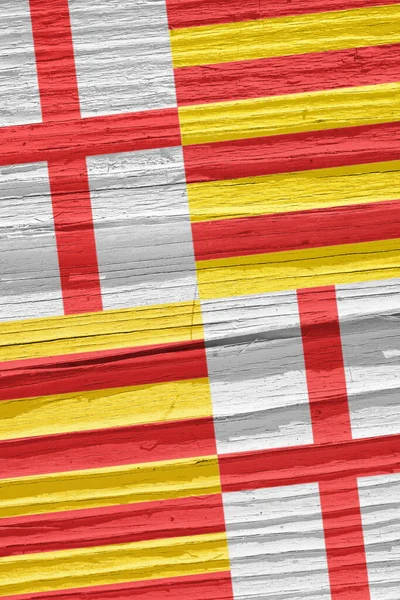 Θραύσμα Της Σημαίας Της Πόλης Της Βαρκελώνης Στεγνή Ξύλινη Επιφάνεια — Φωτογραφία Αρχείου