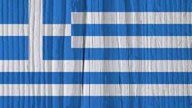 Yunanistan 'ın kurumuş ahşap yüzeyindeki bayrağı yaşla çatladı. Rüzgarda savruluyor gibi görünüyor. Arkaplan, duvar kağıdı veya Yunan ulusal sembollü arka plan. Eski tahta. Gölgeli sert güneş ışığı