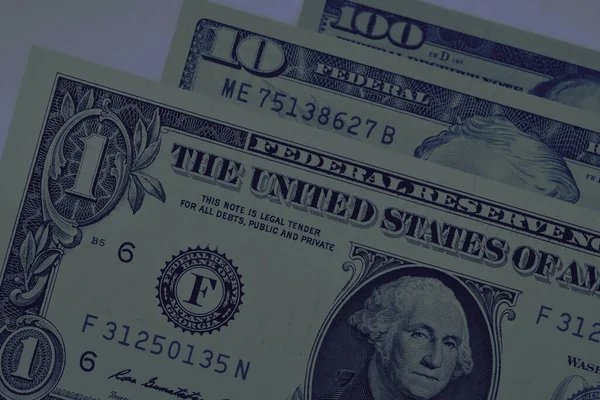 American Banknotes 100 Dollars Close Dark Blue Tinted Background Wallpaper — Stock Photo, Image