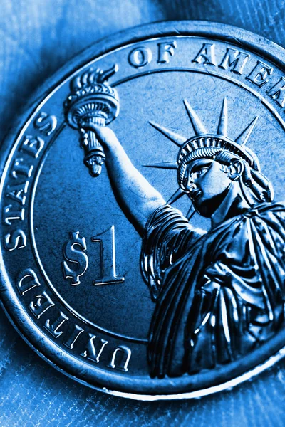 Pièce Monnaie Américaine Repose Sur Paume Illustration Verticale Teintée Bleu — Photo