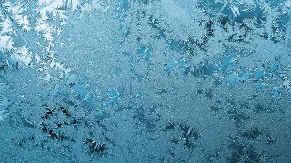 浅蓝色冬季底色或墙纸 冬天在窗玻璃上画冰晶和霜冻 一丛丛奇形怪状的植物叶子 看起来像宝石 摘要背景 — 图库照片
