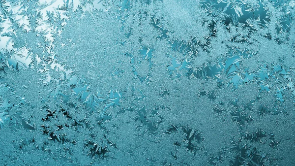 浅蓝色冬季底色或墙纸 冬天在窗上画冰晶和霜冻 一丛丛奇形怪状的植物叶子 看起来像宝石 摘要背景 — 图库照片