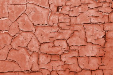 Boya yüzeyi çatlamış. Kırmızı renkli soyut arkaplan ya da duvar kağıdı. Eski püskü boya taneleri