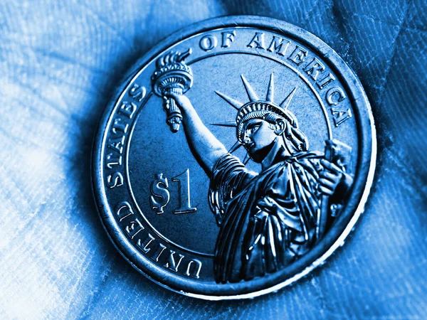 Νόμισμα Των Ηπα Βρίσκεται Στην Παλάμη Μπλε Έγχρωμη Απεικόνιση Οικονομία — Φωτογραφία Αρχείου