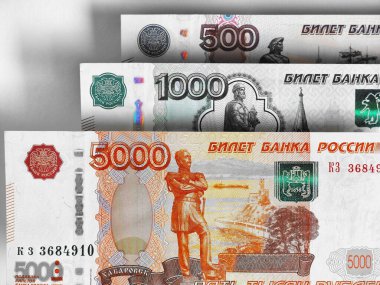 Rus banknotları 5000, 1000 ve 500 ruble yakın plan. Rusya 'da ekonomi, para ve finansla ilgili dramatik renkli çizimler. Makro