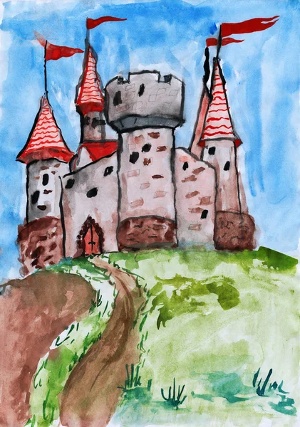 Oud kasteel, toren met vlag, middeleeuwse vesting, kind aquarel op papier, tekening hand getekende kunst foto — Stockfoto