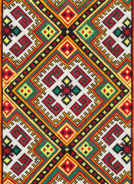 National ornament on textile, photo of ethnic decoration, handmade needlework — Stock Photo, Image