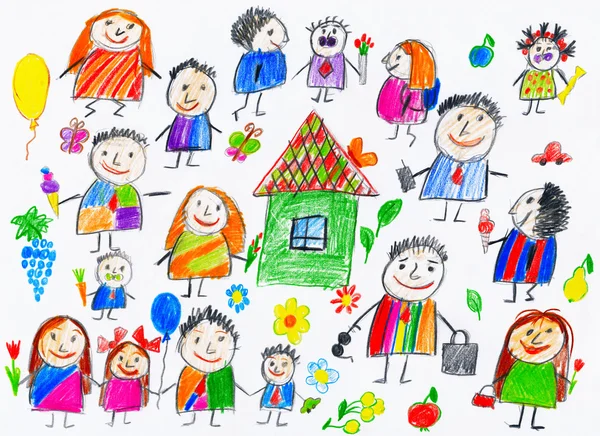 Cartoon people collection, child drawing object on paper, hand drawn art picture — Stock Photo, Image