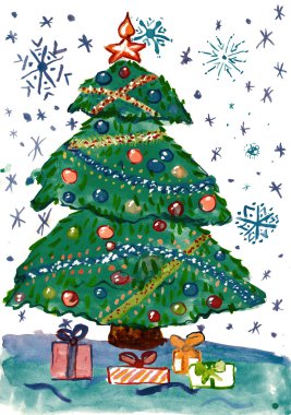 kağıt üzerine çizim dekorasyon ve hediyeler, suluboya resim, çocuk ile Noel köknar ağacı
