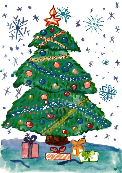 Sapin de Noël avec décoration et cadeaux, illustration aquarelle, dessin d'enfant sur papier — Photo