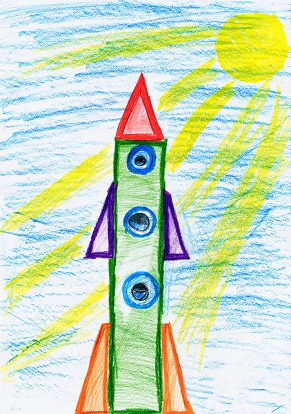 Cohete espacial en el lanzamiento, niños dibujando objetos en papel, dibujo de arte dibujado a mano — Foto de Stock