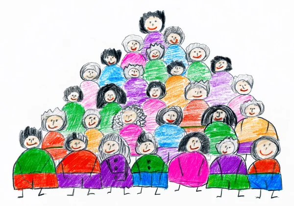 Cartoon people team collection group portrait, children drawing object on paper, hand drawn art picture — Stock Photo, Image