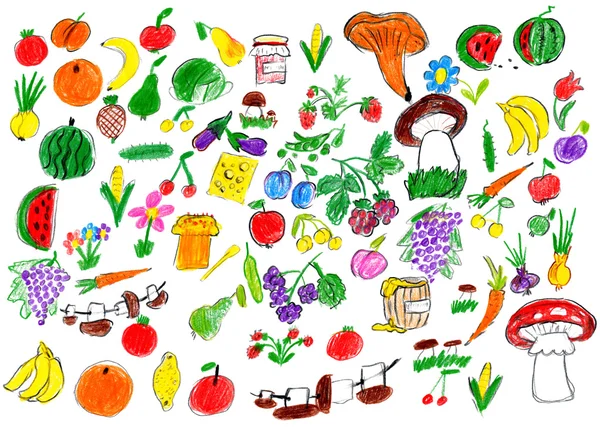 Cartoon food collection, fruit and vegetables, child drawing object set on paper, hand drawn art picture — Stock Photo, Image