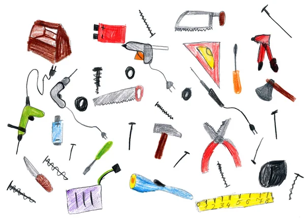 Колекція мультяшних апаратних інструментів, дитячий малюнок об'єкт на папері, малюнок ручної роботи — стокове фото