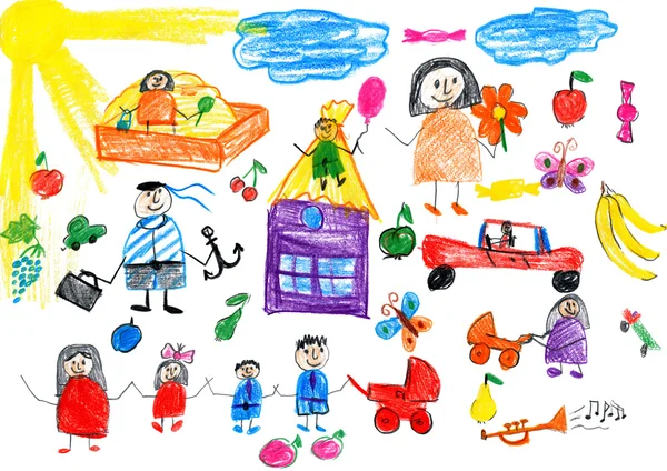 Cartoon people happy lifestyle collection, child drawing object on paper, hand drawn art picture — Stock Photo, Image