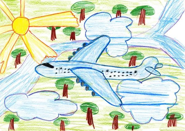 Airliner fly high above the earth, child drawing pencil on paper — Stock Photo, Image