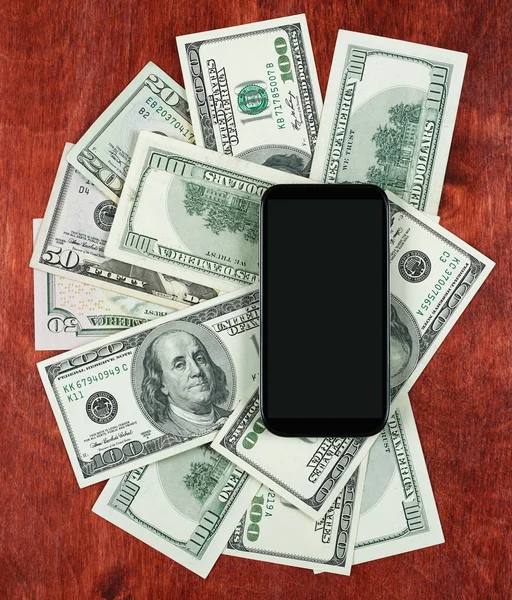 Money dollar currency and smartphone on wood background, business concept, blank space, mock up — Stock Photo, Image