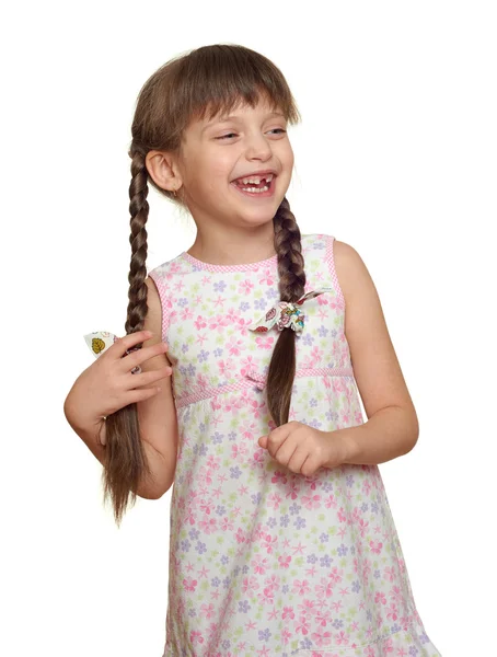 Ztracené zuby dívka dítě portrét baví, studio pro natáčení izolovaných na bílém pozadí — Stock fotografie