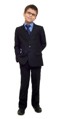 okullu çocuk takım elbise ve beyaz izole, eğitim kavramı gözlük