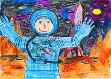 Astronot keşfetmek Kızıl Gezegen, boşluk kavramı, kağıt üzerine çizim çocuk