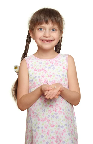 Verlorene Zähne Mädchen Kinderporträt Spaß, Studio-Shooting isoliert auf weißem Hintergrund — Stockfoto