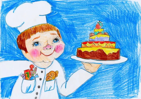 cook and cake, child drawing on paper, birthday and holiday concept
