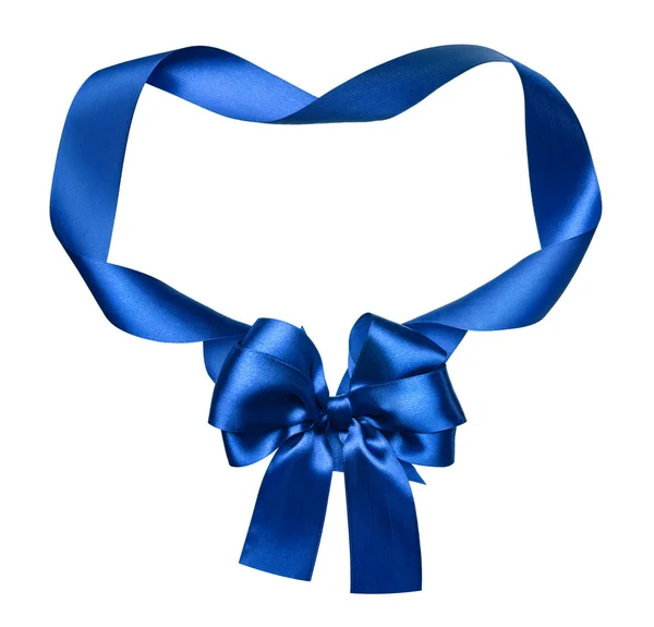 Blue silk bow and ribbon decoration object on white as frame — Stock Photo, Image