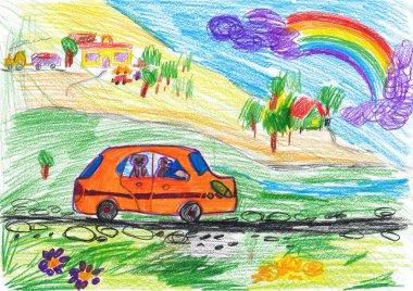dog travel on auto, child drawing clipart