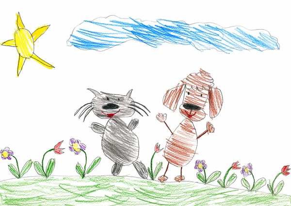 Cat and dog are friends walk on meadow, child drawing — Stock Photo, Image