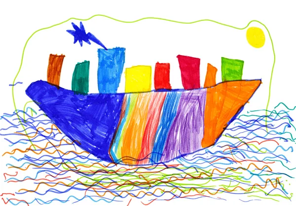 Stad aan schip en zee Kinder tekening. — Stockfoto