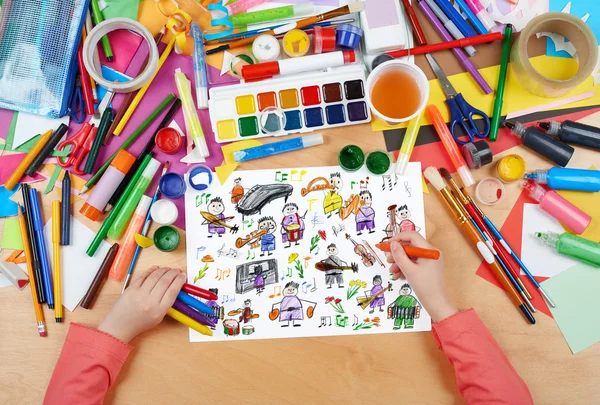 Cartoon people musician collection child drawing, top view hands with pencil painting picture on paper, artwork workplace — Stock Photo, Image