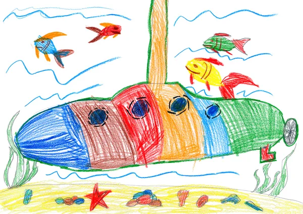 Child drawing. submarine and sea life — Stock Photo, Image