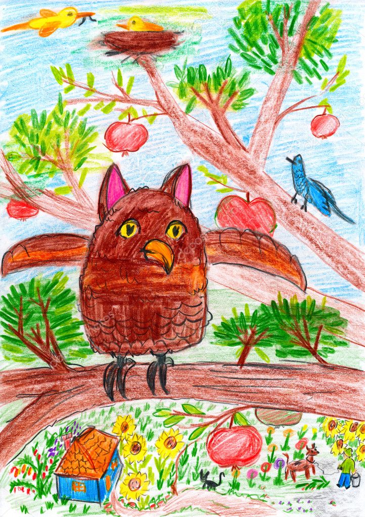 Owl and other bird sitting on a tree branch in the village - child drawing  picture on paper Stock Illustration by ©soleg #108609924