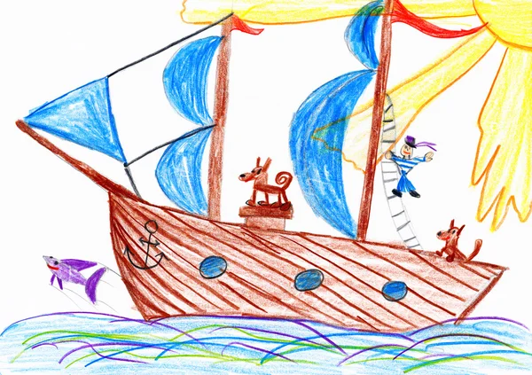 Marinero y un perro viajando en un velero - dibujo infantil en papel —  Fotos de Stock