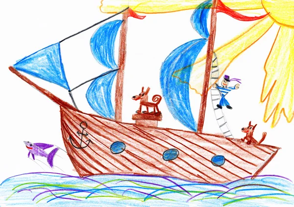 sailor and a dog traveling on a sailboat - child drawing picture on paper