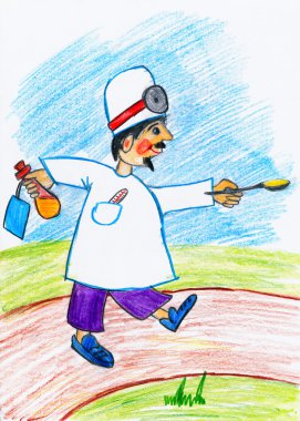 Doktor bir ilaç, ambulans kavramı - kağıt üzerine resim çizim çocuk kaşıkla getiriyor