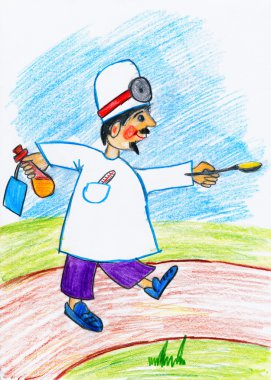 Doctor brings the spoon with a drug, ambulance concept - child drawing picture on paper clipart