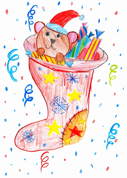 Bear and toys in a christmas sock, child drawing, top view hands with pencil painting picture on paper, artwork workplace — Stock Photo, Image