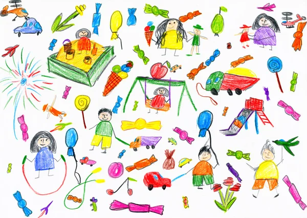 cartoon people and funny toy collection, children drawing object on paper, hand drawn art picture