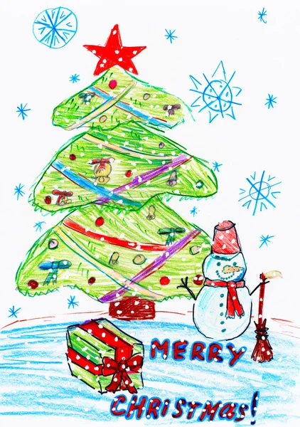 Christmas tree and snowman with gifts, child drawing, top view hands with pencil painting picture on paper, artwork workplace — Stock Photo, Image