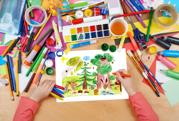 Forest and wildlife animals child drawing, top view hands with pencil painting picture on paper, artwork workplace — Stock Photo, Image